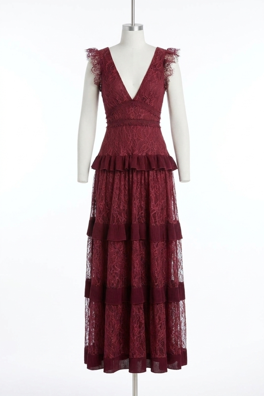 NEW LULUS women's marvelous darling ruffled tiered maxi dress in burgundy